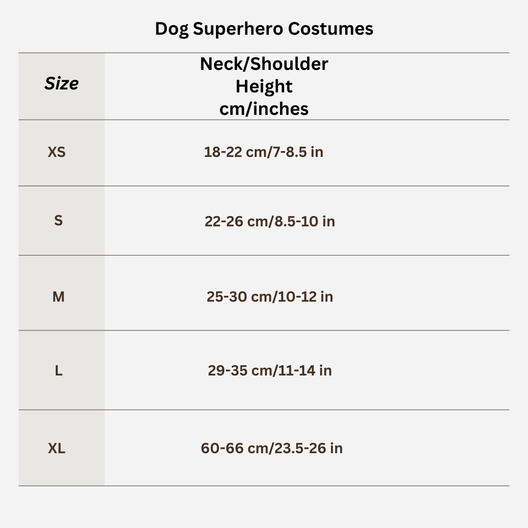 Dog Superhero Sizing Chart